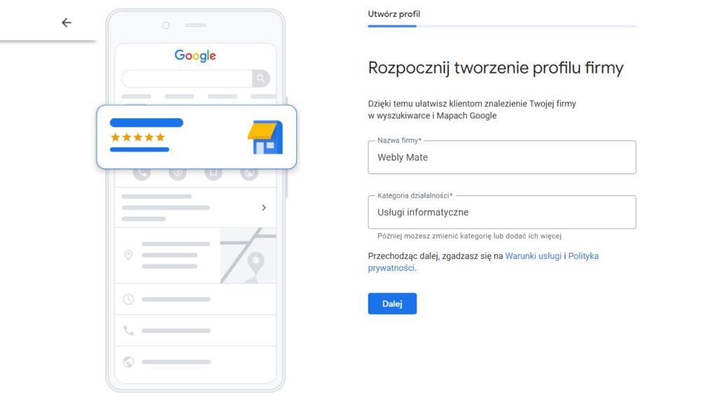 Dodanie nazwy firmy i kategorii jej działalności w trakcie tworzenia profilu w Google My Business