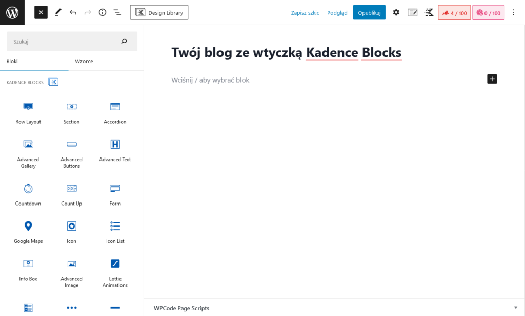 Dostępne bloki Kadence Blocks na blogu WordPress