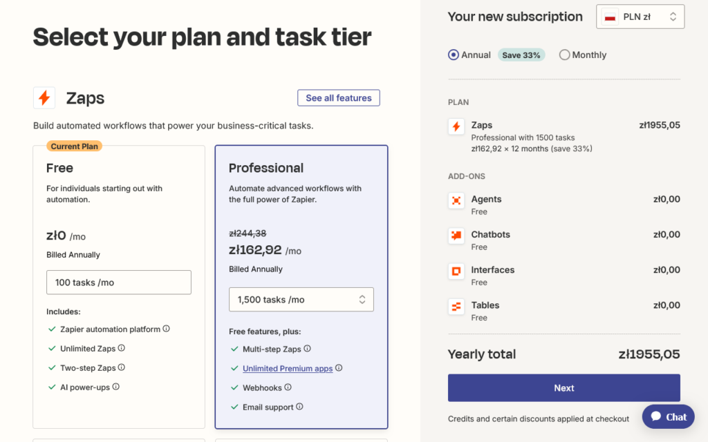 Cennik na start w Zapier