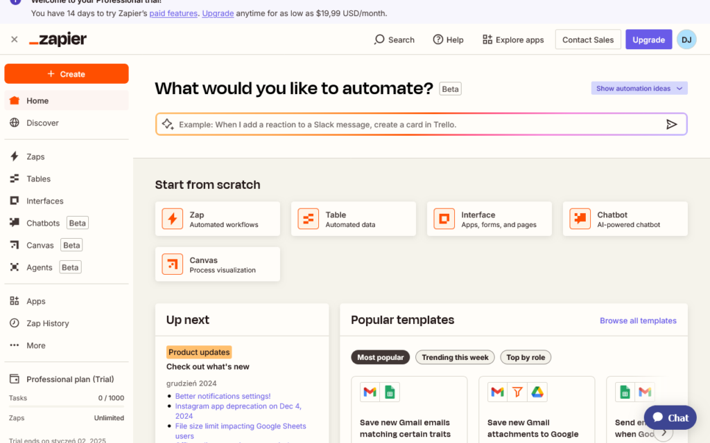 Panel startowy zapier 