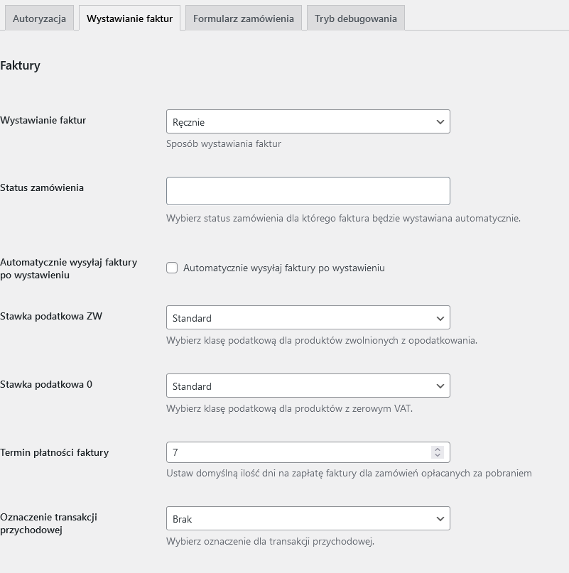 Ustawienia faktur wystawianych przez woocommerce infakt