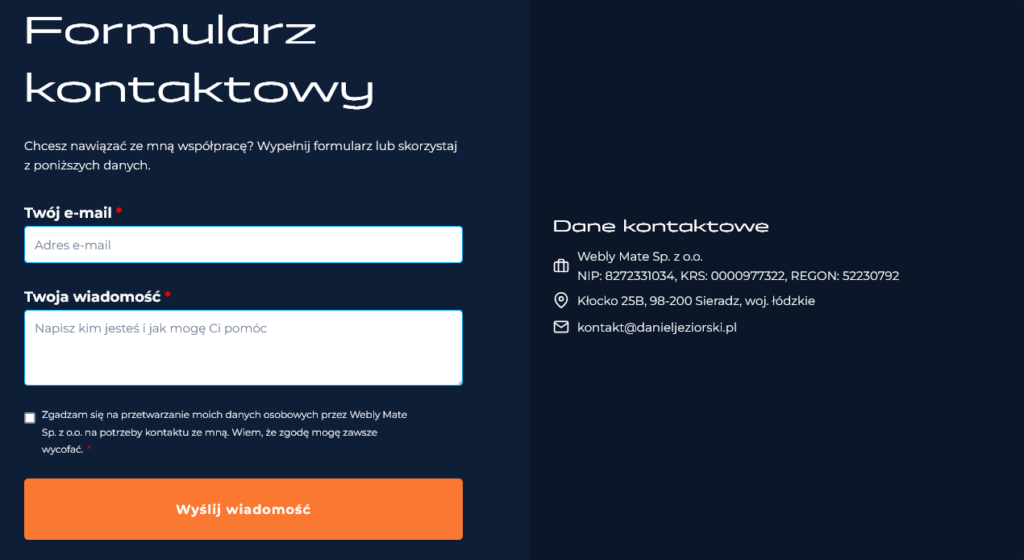 Intuicyjny formularz kontaktowy na stronie internetowej tenodwordressa.pl.
