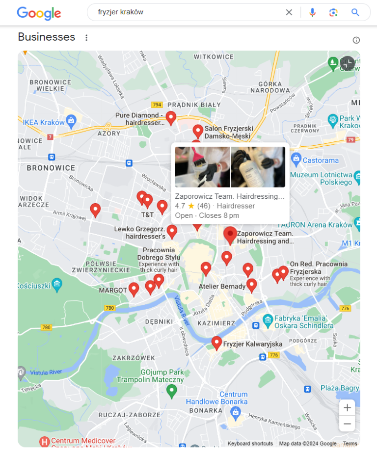 Mapy Google – efekty pozycjonowania lokalnego w Mapach.
