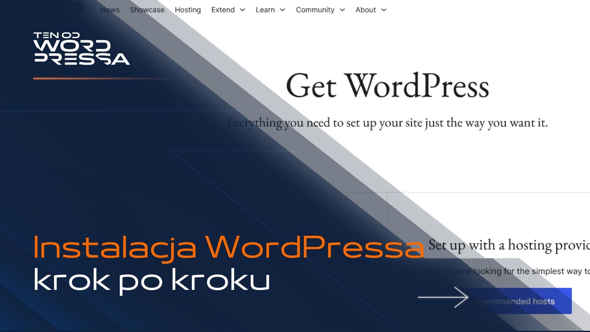 Granatowa grafika z logo Ten od WordPressa z napisem „krok po kroku”. Ilustracja do wpisu: Jak zainstalować WordPressa na serwerze: krok po kroku.