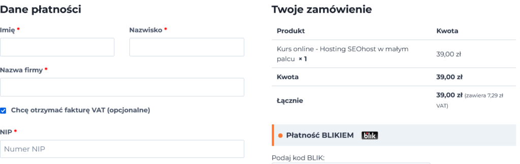 Przykład strony zamówienia w WooCommerce z polem NIP