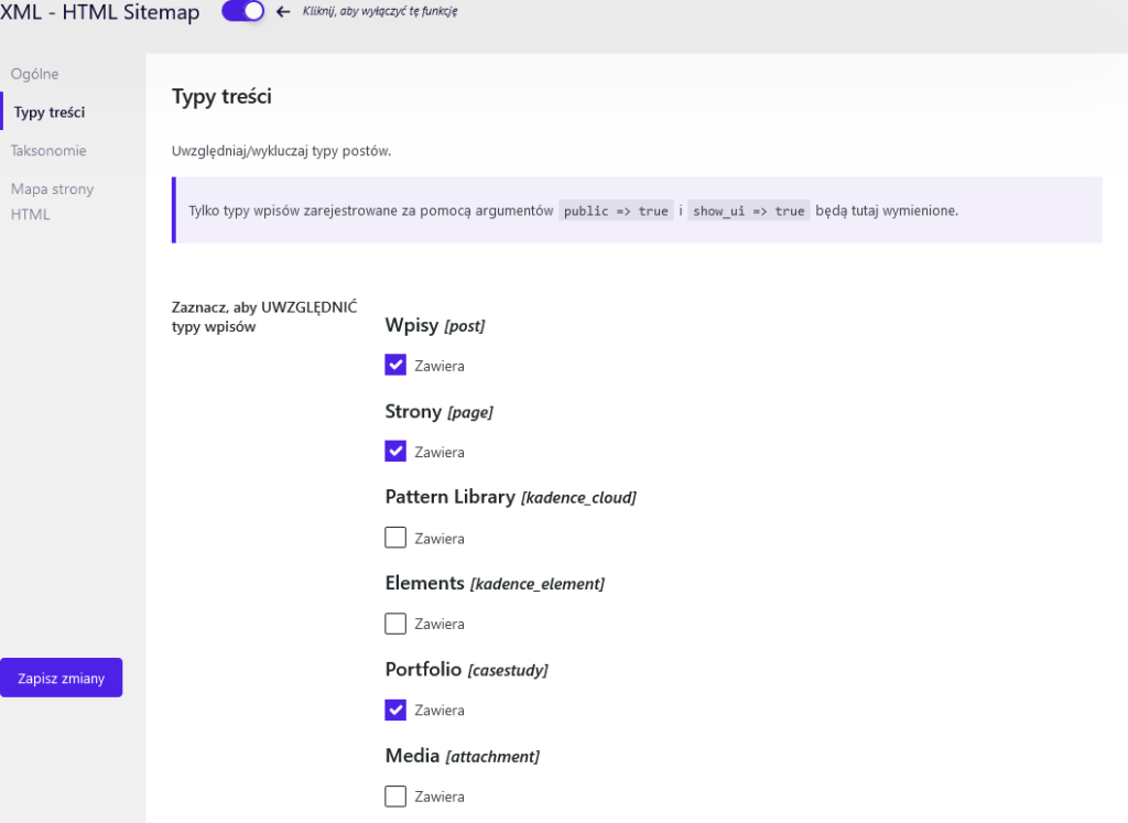 Konfiguracja mapy strony w seopress na stronie wordpress