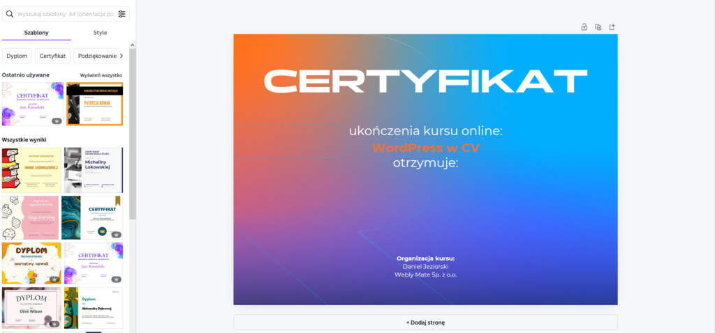 Tworzenie szablonu certyfikatu w Canvie
