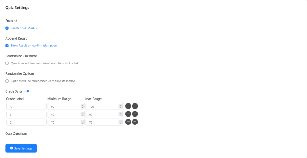 Ustawienia quizów we fluent forms pro