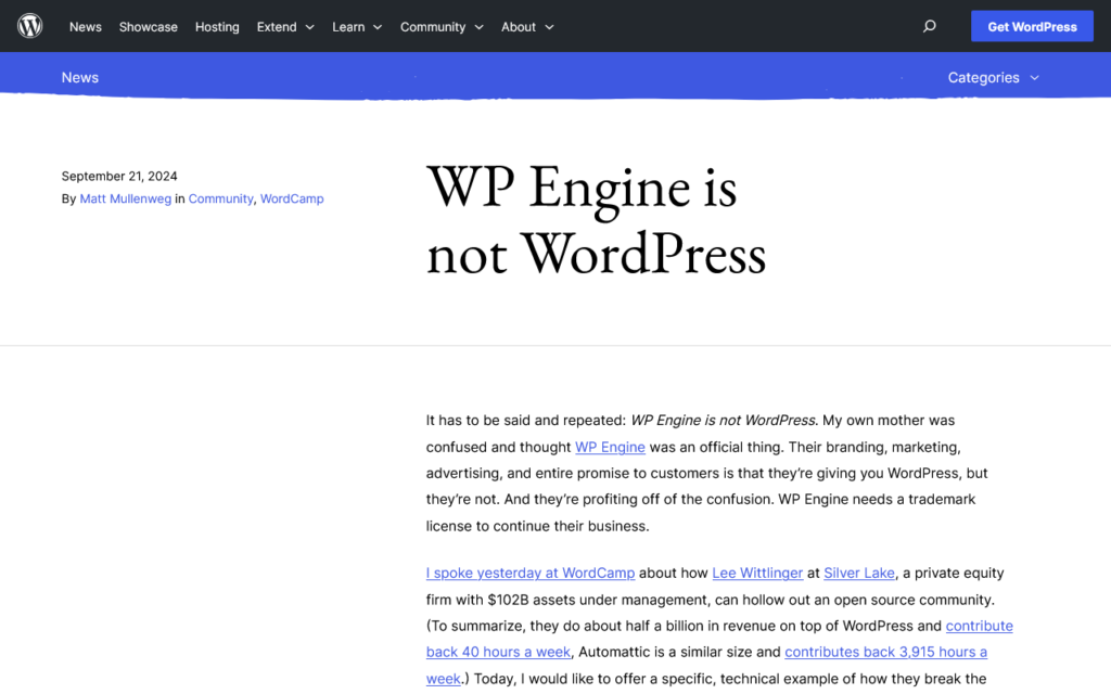 Odcięcie się wordpress org od wp engine i napiętnowanie