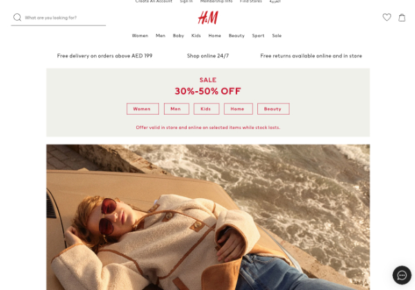 Wyważone wykorzystanie czerwieni na stronie internetowej H&M