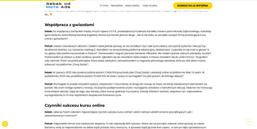 Przykład wdrożenia paska postępu na stronie sebekodmetaads.pl