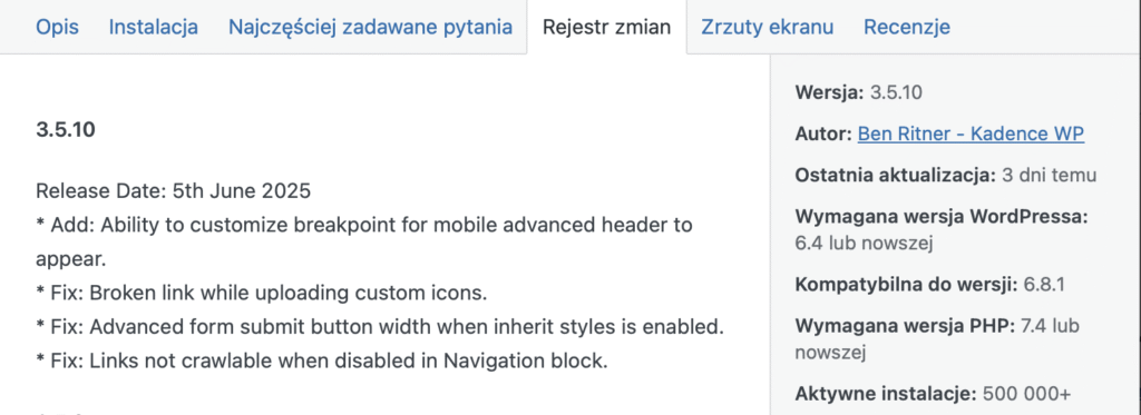 Rejestr zmian wtyczki