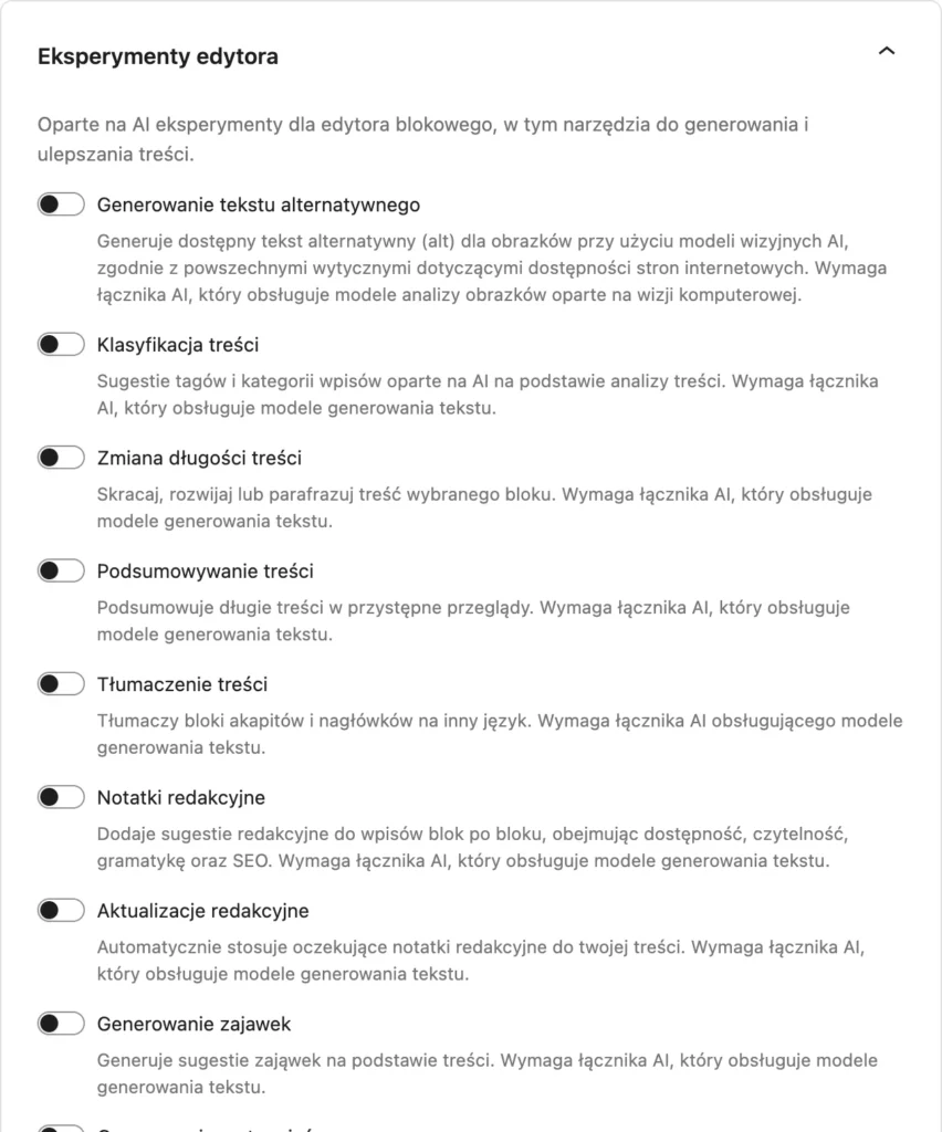 Ustawienia wtyczki AI, sekcja Eksperymenty edytora z wyłączonymi przełącznikami: generowanie tekstu alternatywnego, klasyfikacja treści, zmiana długości treści i kolejne funkcje