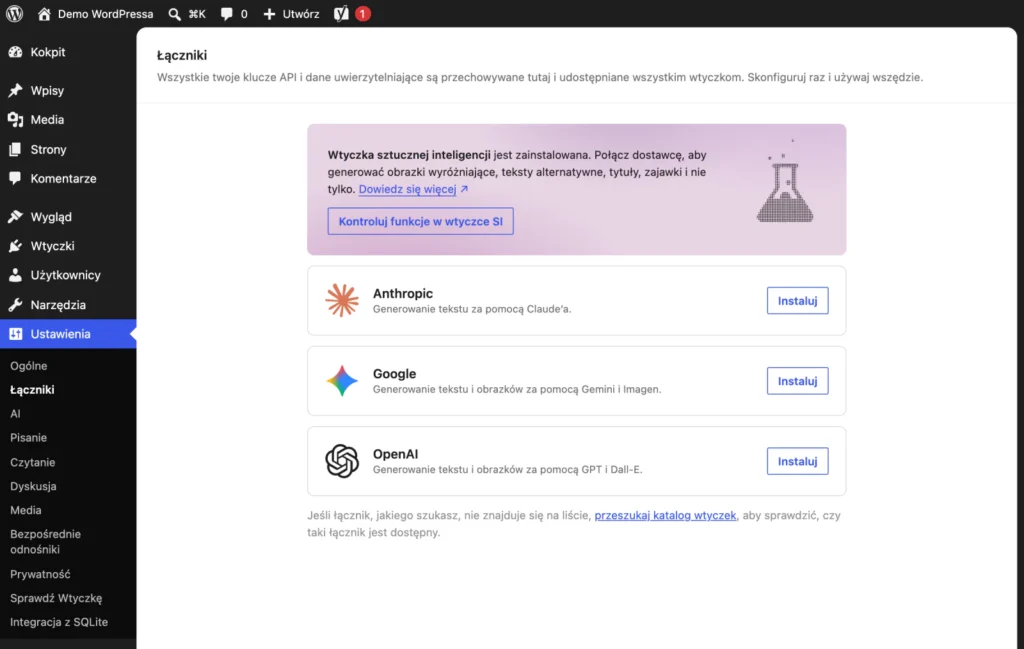 Ekran Ustawienia, Łączniki w WordPress 7.1 z wtyczką AI: komunikat o połączeniu dostawcy i lista łączników Anthropic, Google i OpenAI z przyciskami Instaluj