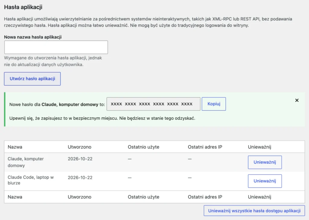 Sekcja Hasła aplikacji w profilu użytkownika WordPress: pole Nowa nazwa hasła aplikacji, przycisk Utwórz hasło aplikacji, komunikat z nowym hasłem (zamaskowanym) i lista dwóch haseł z przyciskami Unieważnij