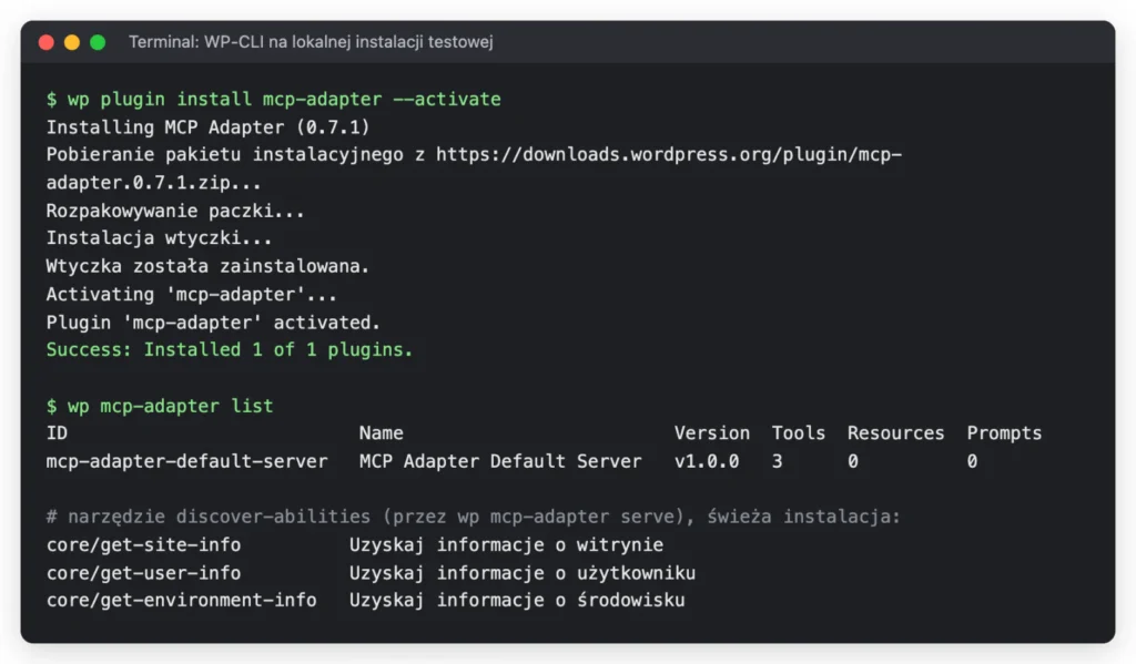 Terminal z instalacją wtyczki MCP Adapter 0.7.1 przez WP-CLI, listą serwerów MCP z domyślnym serwerem mcp-adapter-default-server i trzema umiejętnościami do odczytu