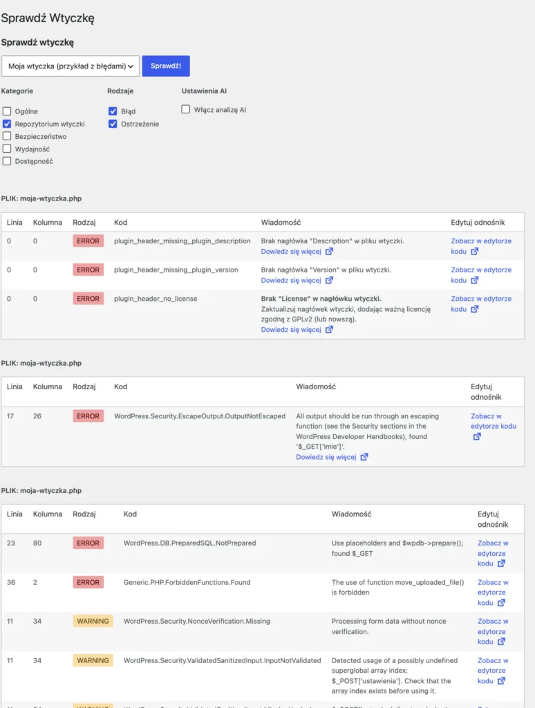 Wynik Plugin Check w panelu WordPress dla przykładowej wtyczki z błędami: błędy nagłówka, brak escapowania $_GET, zapytanie SQL bez prepare, zakazana funkcja move_uploaded_file i ostrzeżenia o nonce i sanityzacji