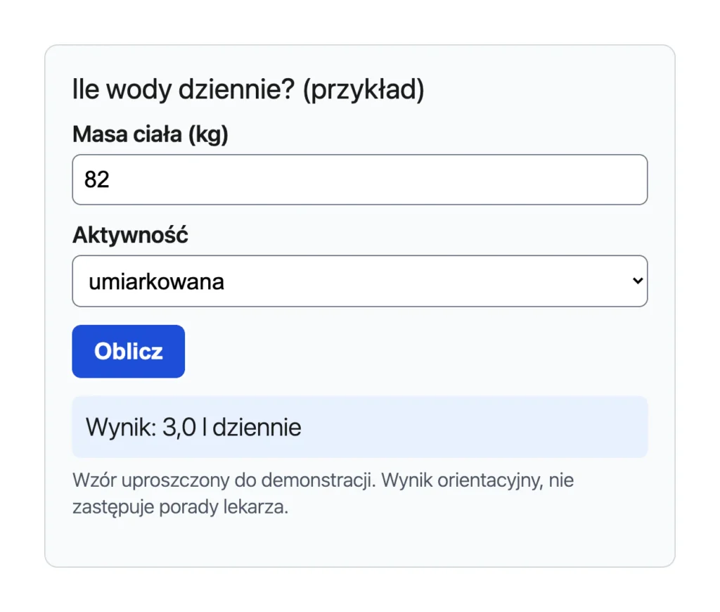 Przykładowy kalkulator dziennego zapotrzebowania na wodę na stronie WordPress: pola Masa ciała i Aktywność, przycisk Oblicz i wynik 3,0 l dziennie