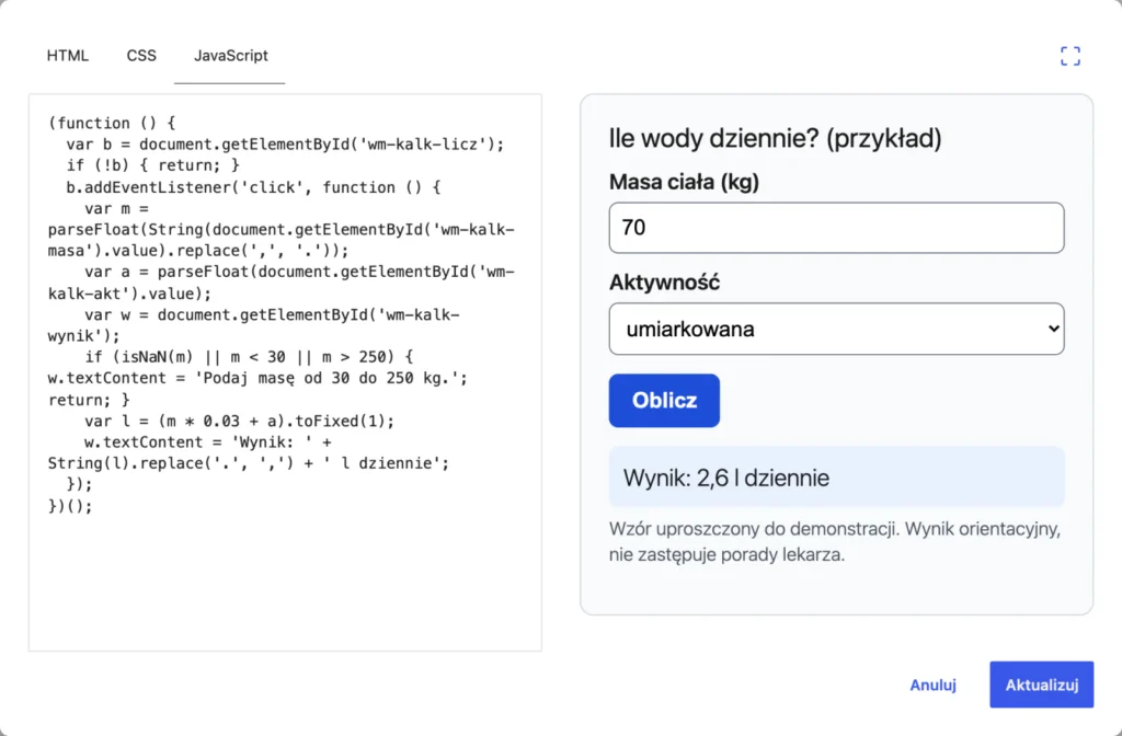 Okno edycji kodu bloku Własny HTML w WordPress 7.1 z zakładkami HTML, CSS i JavaScript, otwartym panelem JavaScript ze skryptem kalkulatora i podglądem kalkulatora obok