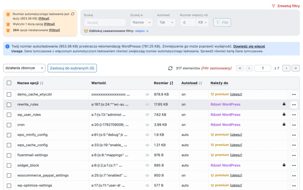 Widok opcji autoload we wtyczce Advanced Database Cleaner