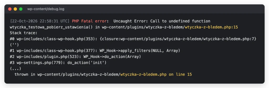 Fragment pliku debug.log z błędem krytycznym