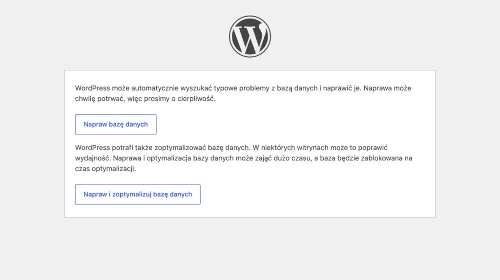 Ekran naprawy bazy danych WordPressa z przyciskami Napraw bazę danych oraz Napraw i zoptymalizuj bazę danych