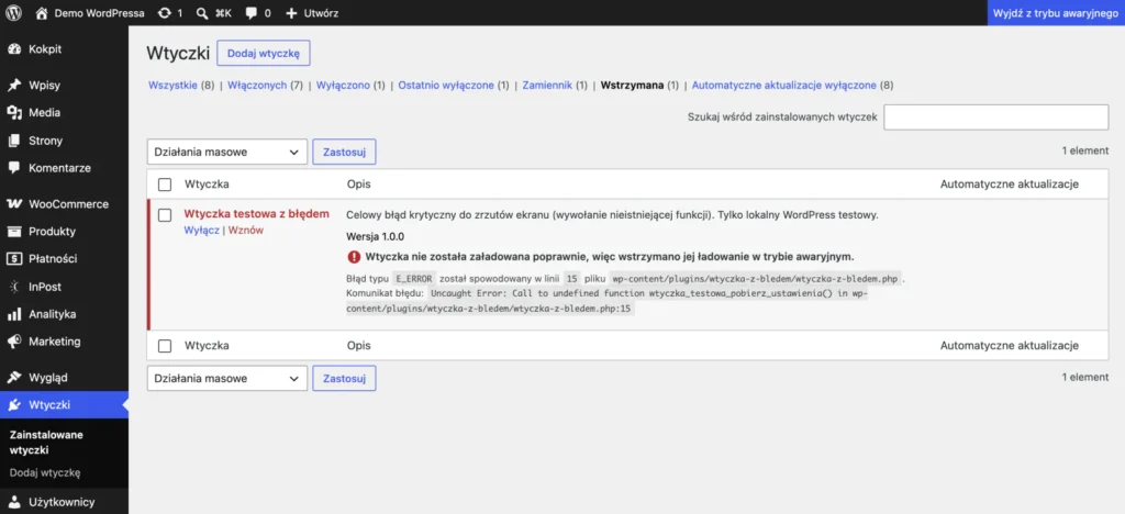 Lista wtyczek w trybie odzyskiwania z wstrzymaną wtyczką testową i przyciskiem wyjścia na pasku administratora