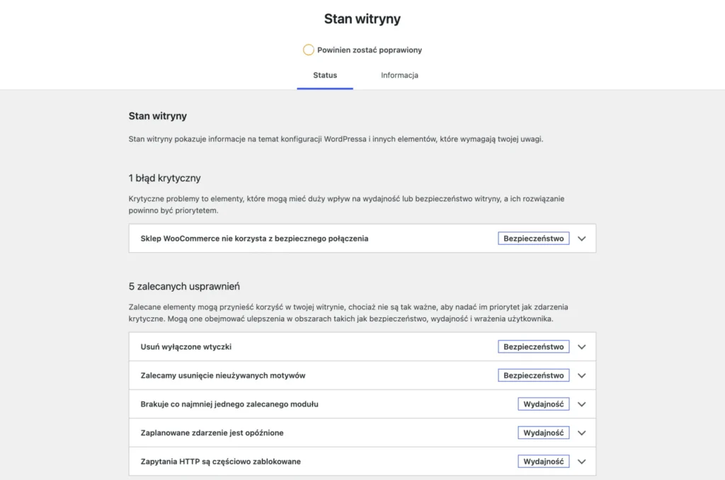 Ekran Stan witryny w WordPressie z jednym błędem krytycznym i listą zalecanych usprawnień