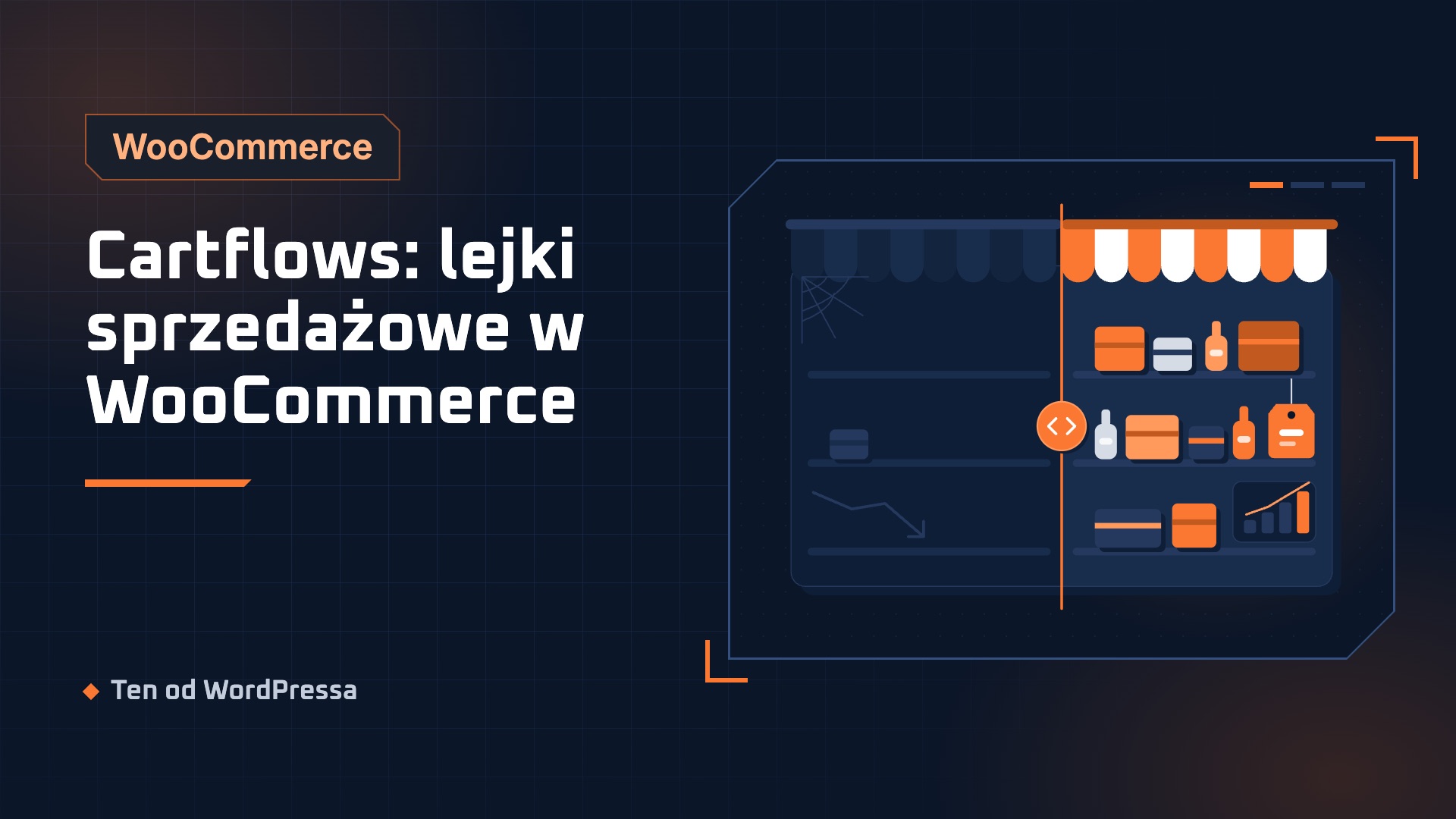 Grafika wpisu: Cartflows: lejki sprzedażowe w WooCommerce. Kategoria WooCommerce, ilustracja w granatowo-pomarańczowym stylu.