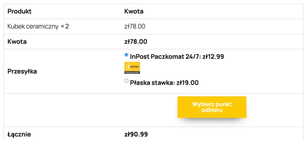 Ten sam krok wyboru paczkomatu w klasycznym checkoutcie WooCommerce