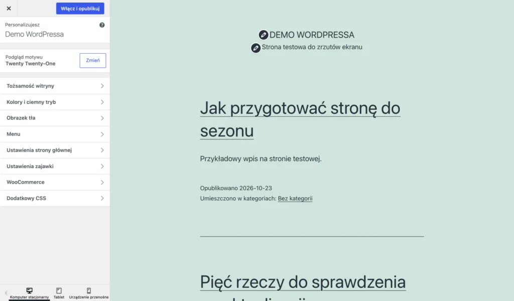 Panel Dostosuj w motywie klasycznym z opcjami po lewej stronie