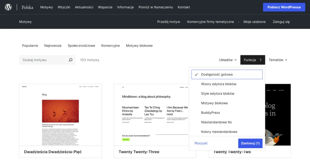 Filtr Funkcja w katalogu motywów WordPress.org z zaznaczoną opcją Dostępność gotowa