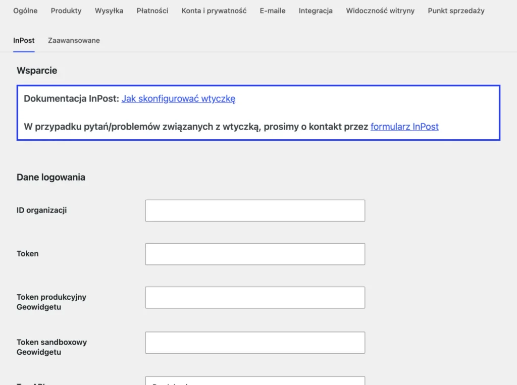 Ustawienia wtyczki InPost PL w WooCommerce z pustymi polami na ID organizacji, token i tokeny GeoWidget