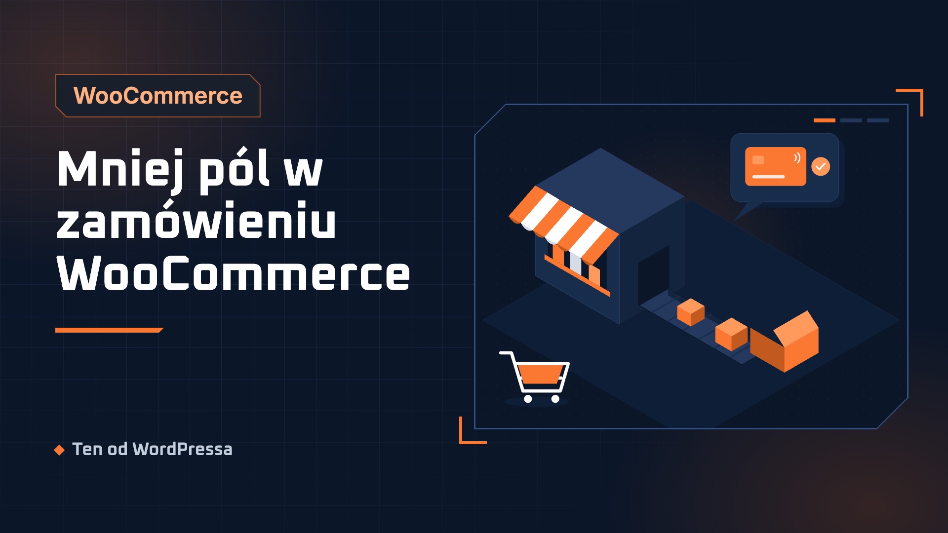 Grafika wpisu: Mniej pól w zamówieniu WooCommerce. Kategoria WooCommerce, ilustracja w granatowo-pomarańczowym stylu.