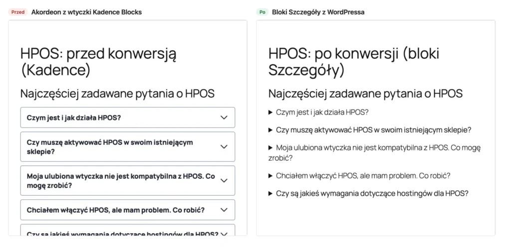 Ten sam fragment FAQ w edytorze przed zmianą, z akordeonem Kadence, i po zmianie, z blokami Szczegóły