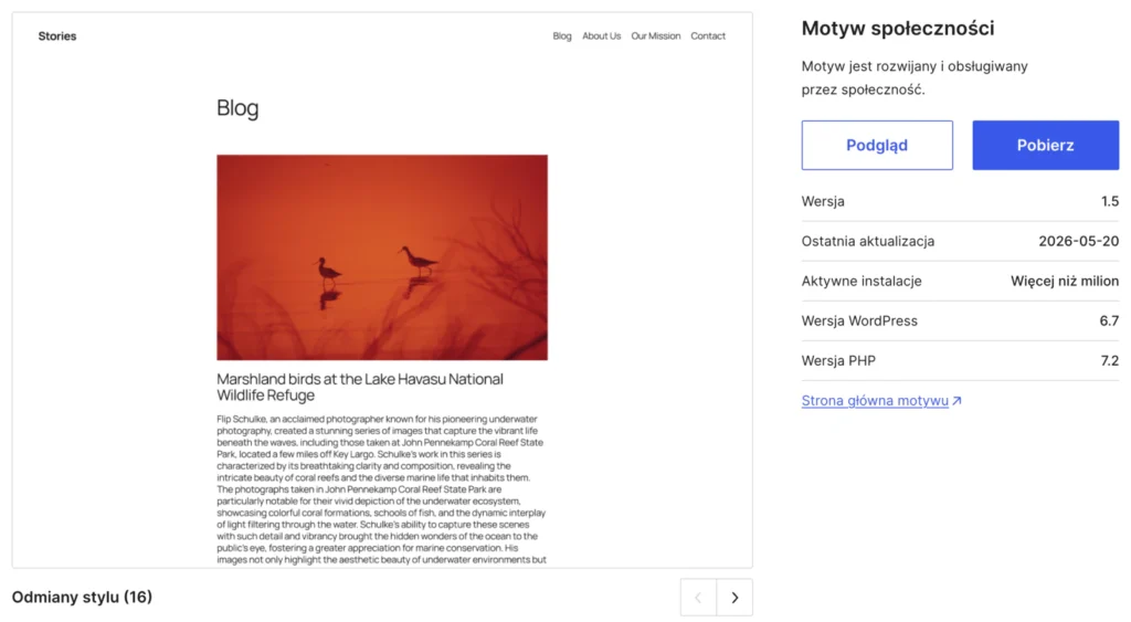 Karta motywu Twenty Twenty-Five w katalogu WordPress.org z wersją, datą aktualizacji i wymaganymi wersjami WordPressa i PHP