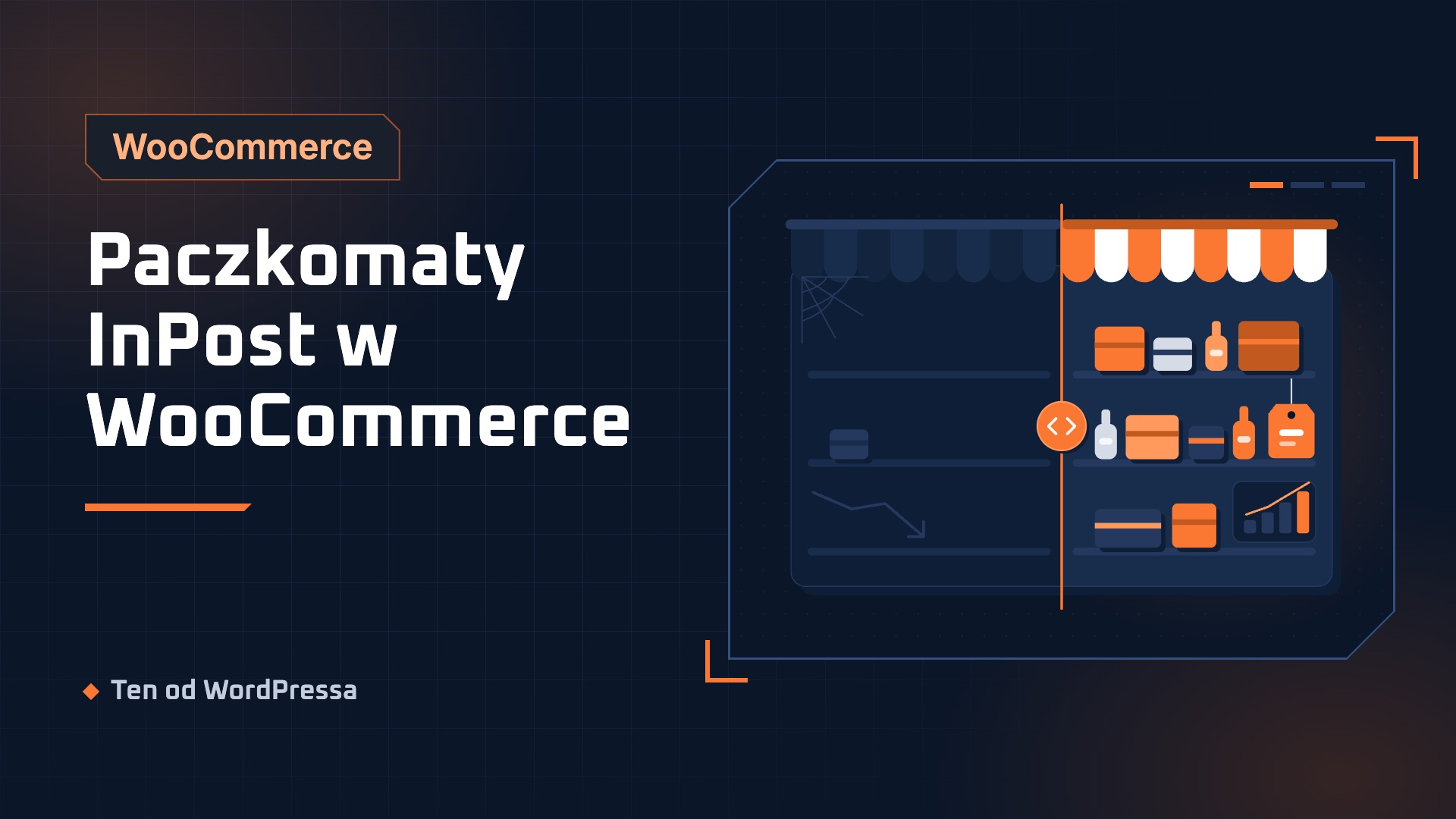 Grafika wpisu: Paczkomaty InPost w WooCommerce. Kategoria WooCommerce, ilustracja w granatowo-pomarańczowym stylu.