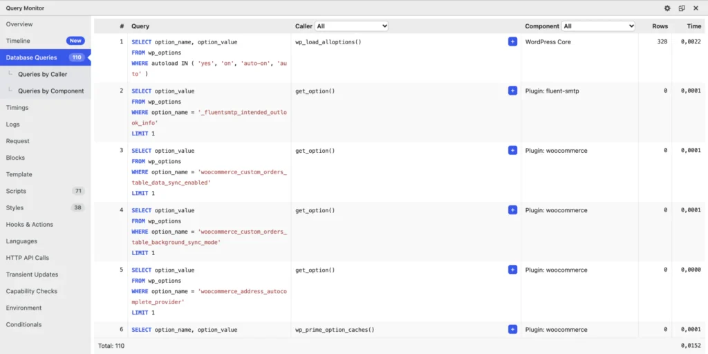 Panel Database Queries we wtyczce Query Monitor na stronie koszyka