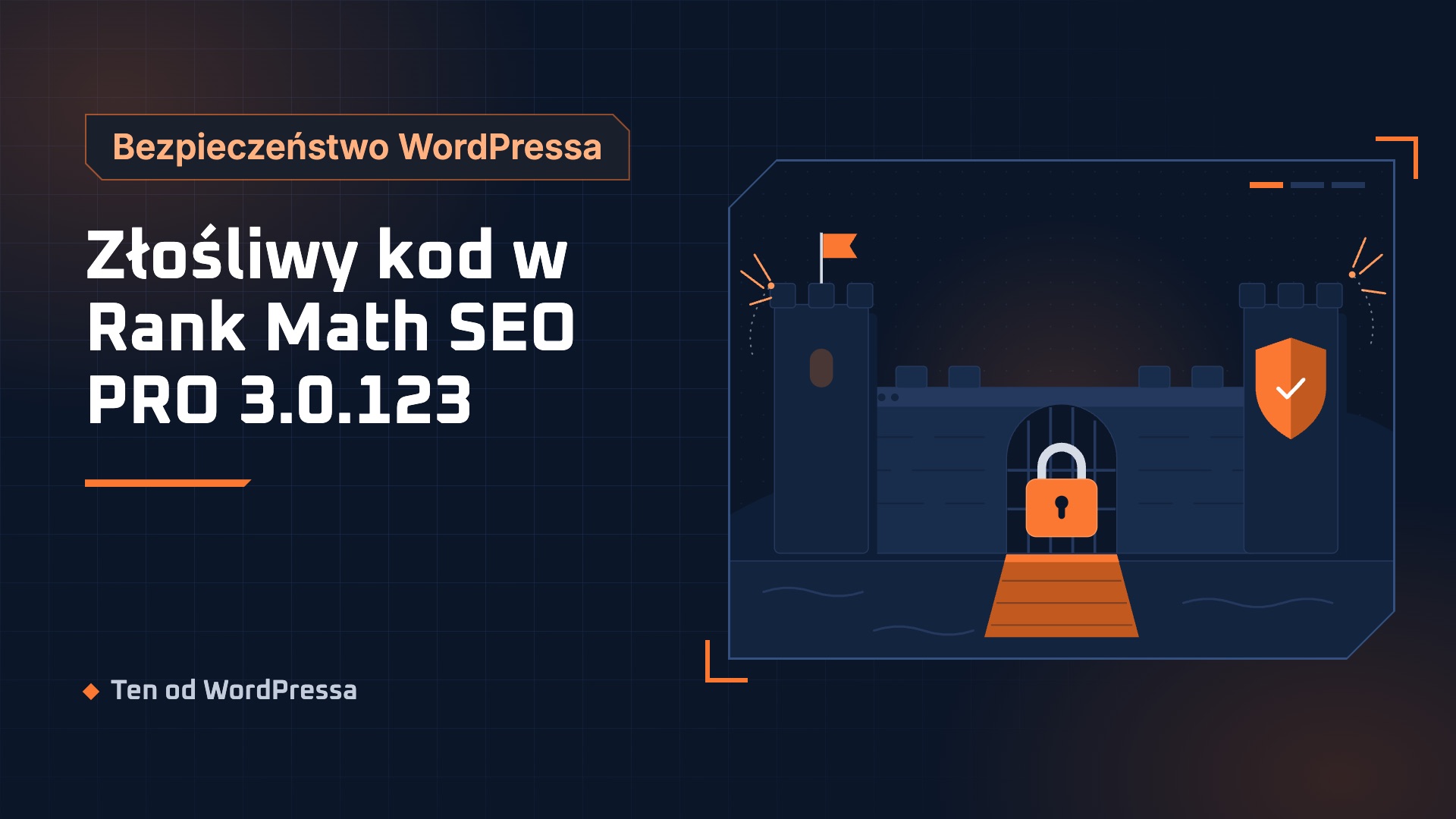 Grafika wpisu: Złośliwy kod w Rank Math SEO PRO 3.0.123. Kategoria Bezpieczeństwo WordPressa, ilustracja w granatowo-pomarańczowym stylu.