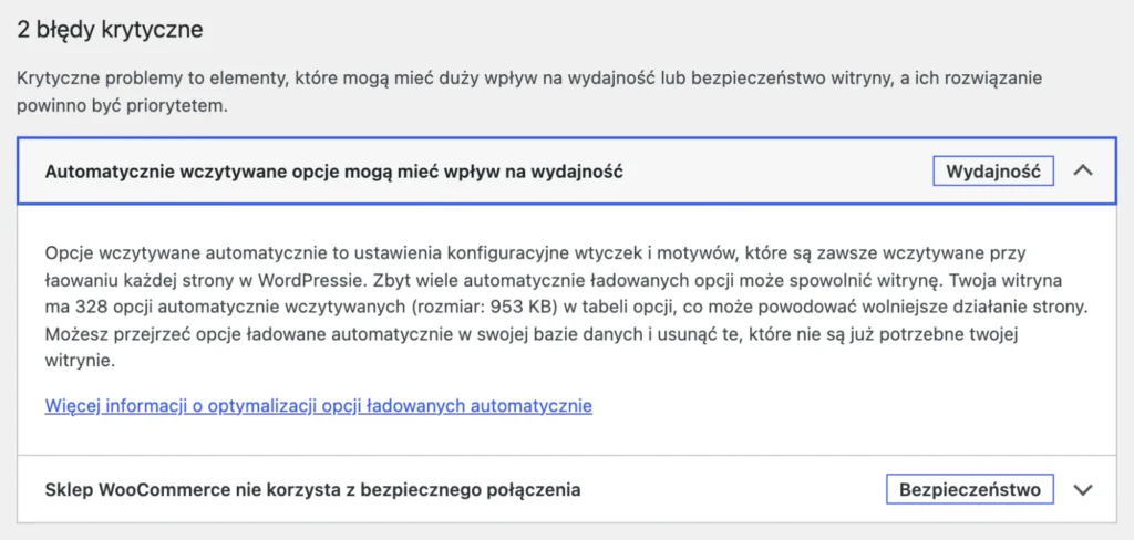 Rozwinięty błąd krytyczny w Stanie witryny: automatycznie wczytywane opcje mogą mieć wpływ na wydajność