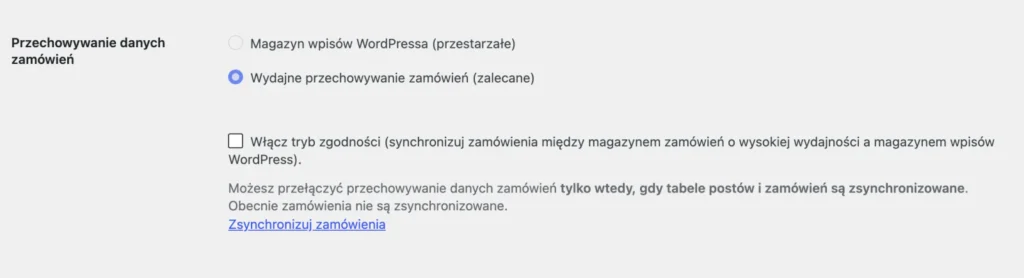 Ustawienia funkcji WooCommerce z przełącznikiem HPOS i trybem zgodności