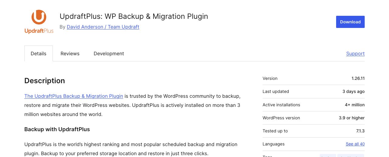 Strona wtyczki UpdraftPlus w katalogu wordpress.org: wersja 1.26.11, ponad 4 mln aktywnych instalacji, ostatnia aktualizacja 3 dni przed 19.10.2026.