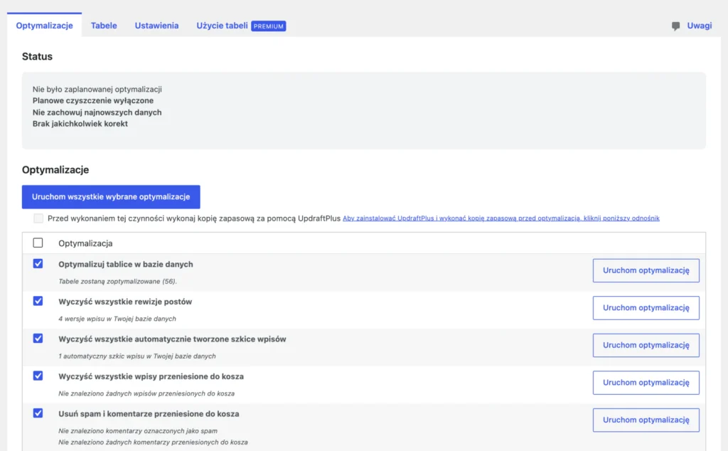 Zakładka bazy danych we wtyczce WP-Optimize
